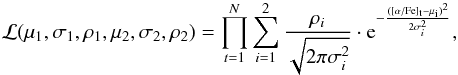 \begin{equation} \mathcal{L}(\mu_1,\sigma_1,\rho_1,\mu_2,\sigma_2,\rho_2)=\prod_{t=1}^N \sum_{i=1}^2 \frac{\rho_i}{\sqrt{2\pi\sigma_i^2}} \cdot {\rm e}^{-\frac{(\afe_t - \mu_i)^2}{2\sigma_i^2}}, \label{eq:likelihood_2pop} \end{equation}
