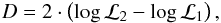 \begin{equation} D=2\cdot \left(\log \mathcal{L}_2 - \log \mathcal{L}_1 \right), \label{eq:chi-test} \end{equation}