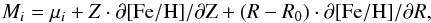 \begin{equation} M_i = \mu_i +Z\cdot\partial \feh/\partial Z + ({\it R} - {\it R}_0) \cdot \partial \feh/\partial\it R, \end{equation}