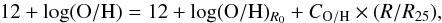 \begin{equation} 12+\log({\rm O/H}) = 12+\log({\rm O/H})_{R_{0}} + C_{\rm O/H} \times (R/R_{25}) , \label{equation:grado} \end{equation}