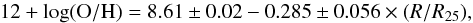 \begin{equation} 12+\log({\rm O/H}) = 8.61 \pm 0.02 - 0.285 \pm 0.056 \times (R/R_{25}) , \label{equation:gN1087} \end{equation}