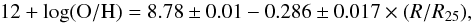 \begin{equation} 12+\log({\rm O/H}) = 8.78 \pm 0.01 - 0.286 \pm 0.017 \times (R/R_{25}) , \label{equation:gN4030} \end{equation}
