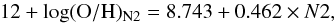 \begin{equation} 12+\log({\rm O/H})_{\rm N2} = 8.743 + 0.462 \times N2, \end{equation}