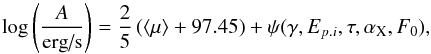 \begin{equation} \label{eq:no10} \log \left(\frac{A}{\textnormal{erg/s}}\right) = \frac{2}{5 }\left(\langle\mu\rangle + 97.45\right) + \psi(\gamma,E_{p.i},\tau,\alpha_{\rm X},F_0) , \end{equation}