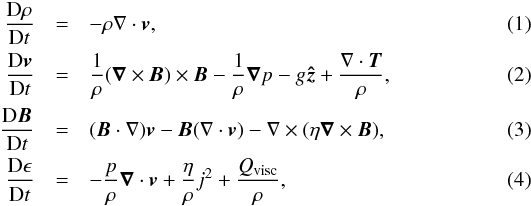 \begin{eqnarray} \frac{\mathrm{D} \rho}{\mathrm{D} t} & = & - \rho \nabla \cdot \vec{v},\\ \frac{\mathrm{D}\vec{v}}{\mathrm{D}t} & = & \frac{1}{\rho}(\vec{\nabla} \times \vec{B}) \times \vec{B} - \frac{1}{\rho}\vec{\nabla} p - g\vec{\hat{z}}+\frac{\nabla \cdot \vec{T}}{\rho},\\ \frac{\mathrm{D} \vec{B}}{\mathrm{D} t} & = & (\vec{B} \cdot \nabla)\vec{v} - \vec{B}(\nabla \cdot \vec{v}) - \nabla \times (\eta \vec{\nabla} \times \vec{B}),\\ \frac{\mathrm{D} \epsilon}{\mathrm{D}t} & = & - \frac{p}{\rho}\vec{\nabla} \cdot \vec{v} + \frac{\eta}{\rho}j^2 + \frac{Q_{\text{visc}}}{\rho}, \end{eqnarray}