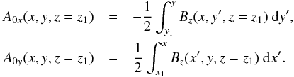 \begin{eqnarray*} A_{0x}(x,y,z=z_1)& = &-\frac{1}{2}\int_{y_1}^{y}B_z(x,y',z=z_1)~\mathrm{d}y',\\ A_{0y}(x,y,z=z_1) &= &\frac{1}{2}\int_{x_1}^{x}B_z(x',y,z=z_1)~\mathrm{d}x'. \end{eqnarray*}