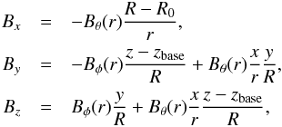 \begin{eqnarray} B_x & = & - B_{\theta}(r)\frac{R-R_0}{r},\nonumber\\ B_y & = & - B_{\phi}(r)\frac{z-z_{\text{base}}}{R} + B_{\theta}(r)\frac{x}{r}\frac{y}{R},\nonumber\\ B_z & = & B_{\phi}(r) \frac{y}{R} + B_{\theta}(r)\frac{x}{r}\frac{z-z_{\text{base}}}{R},\nonumber \end{eqnarray}