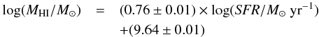 \begin{eqnarray} \log(\mhi/\msun)&=&(0.76\pm0.01)\times\log({\it SFR}/\msunyr)\nonumber \\ &&+ (9.64\pm0.01) \label{eq:SFRMHI} \end{eqnarray}
