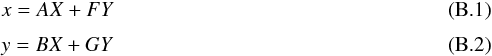 \appendix \setcounter{section}{2} \begin{eqnarray} &&x= A X + F Y \\[1mm] &&y= B X + G Y \end{eqnarray}