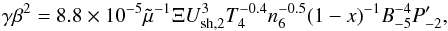 \begin{equation} \label{Ecut} \gamma\beta^{2}=8.8\times10^{-5}\tilde\mu^{-1}\Xi U_{\rm sh,2}^{3}T_{4}^{-0.4}n_{6}^{-0.5}(1-x)^{-1}B_{-5}^{-4}P^{\prime}_{-2}, \end{equation}