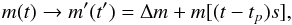 \appendix \setcounter{section}{1} \begin{equation} \label{eq:transformation} m(t)\rightarrow m'(t')=\Delta{m}+m[(t-t_{p})s], \end{equation}
