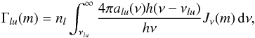 \begin{equation} \label{eq:photoheatrateequation} \Gamma_{l u}(m) = n_l\int_{\nu_{l u}}^{\infty} \frac{4 \pi a_{l u}(\nu) h(\nu-\nu_{lu})}{h \nu} J_\nu(m)\,\d\nu, \end{equation}