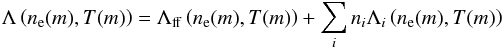 \begin{equation} \Lambda\left(n_\mathrm{e}(m), T(m)\right)= \Lambda_\mathrm{ff}\left(n_\mathrm{e}(m), T(m)\right)+ \sum_i n_i \Lambda_i\left(n_\mathrm{e}(m), T(m)\right)\nonumber \label{eq:lambdaequation} \end{equation}