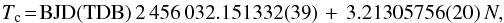 \begin{eqnarray} T_{\rm c}\!=\!\mathrm{BJD(TDB)}\,2\,456\,032.151332(39)\,+\,3.21305756(20)\,N , \label{equ_ephem_H12} \end{eqnarray}