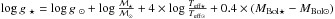 \hbox{$\logg_{\star} = \logg_{\odot} + \log{\frac{\mathcal{M}_{\star}}{\mathcal{M}_{\odot}}} + 4 \times \log \frac{T_{\mathrm{eff}\star}}{T_{\mathrm{eff}\odot}} + 0.4 \times (M_{\mathrm{Bol}\star} - M_{\mathrm{Bol}\odot})$}