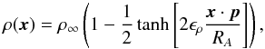 \begin{equation} \begin{gathered} \rho(\vect{x}) = \rho_\infty\left(1 - \frac{1}{2}\tanh\left[2 \epsilon_\rho\frac{\vect{x}\cdot\vect{p}}{R_A}\right]\right), \end{gathered} \label{eqn:WAPert} \end{equation}
