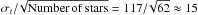 \hbox{$\sigma_t/\!\sqrt{\rm Number\,of\,stars} = 117/\!\sqrt{62} \approx 15$}