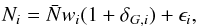 \begin{eqnarray} N_{i} = \bar{N} w_{i} (1+\delta_{G,i}) + \epsilon_{i}, \label{eq:countmodel} \end{eqnarray}