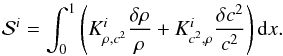 \begin{eqnarray} \mathcal{S}^{i}=\int_{0}^{1}\left(K^{i}_{\rho,c^{2}}\frac{\delta \rho}{\rho} +K^{i}_{c^{2},\rho}\frac{\delta c^{2}}{c^{2}}\right){\rm d}x. \label{strucvar} \end{eqnarray}