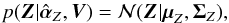\begin{equation} p(\vec{Z}|\hat \alphabold_Z,\vec{V}) = \mathcal{N}(\vec{Z}|\mubold_Z,\Sigmabold_Z), \label{eq:posteriorZNormal} \end{equation}