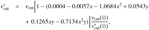 \begin{eqnarray} \nucut^* &=& \nucut \bigg[ 1 - (0.0004 -0.0057 x - 1.0684x^2 +0.0543y \nonumber \\ && +~ 0.1265 x y -0.7134 x^2 y) \bigg] \frac{\nucut (\odot)} {\nucut^* (\odot)}, \label{eq:nucef} \end{eqnarray}