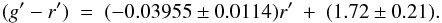 \begin{eqnarray*} (g'-r')\ =\ (-0.03955\pm 0.0114)r'\ +\ (1.72\pm 0.21). \end{eqnarray*}