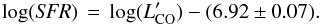 \begin{eqnarray*} \log({\it SFR})\,=\,\log({L}^\prime_{\rm CO}) - (6.92\pm0.07) . \end{eqnarray*}