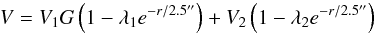 \begin{equation} V = V_1G\left(1-\lambda_1 e^{-r/2.5''}\right)+V_2\left(1-\lambda_2 e^{-r/2.5''}\right) \label{velo2eq} \end{equation}
