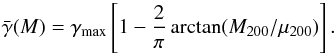 \begin{eqnarray} \label{eq:fittingformula} \bar{\gamma}(M) = \gamma_{\rm max}\left[1 - \frac{2}{\pi}\arctan(M_{200}/\mu_{200})\right]. \end{eqnarray}