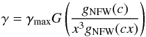 \begin{eqnarray} \label{eq:paramvs} \gamma = \gamma_{\rm max}G\left(\frac{g_{\rm NFW}(c)}{x^3g_{\rm NFW}(cx)}\right) \end{eqnarray}