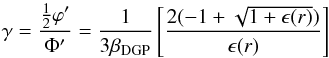 \begin{eqnarray} \gamma =\frac{\frac{1}{2}\varphi'}{\Phi'}= \frac{1}{3\beta_{\rm DGP}}\left[\frac{2(-1 + \sqrt{1 + \epsilon(r)})}{\epsilon(r)}\right] \label{eq:ndgp_fifth_force_sphere} \end{eqnarray}