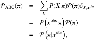 \begin{eqnarray} \mathcal{P}_\mathrm{ABC}(\bpi) &=& \sum_{\bX} P(\bX|\bpi) \mathcal{P}(\bpi) \delta_{\bX, \bx^\obs} \notag\\ &=& P\left(\bx^\obs|\bpi\right) \mathcal{P}(\bpi) \notag\\ &=& \mathcal{P}\left(\bpi|\bx^\obs\right), \label{eq:ABC_post_discrete} \end{eqnarray}