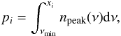 \begin{eqnarray} \label{for:definition_percentile} p_i = \int_{\nu_\minn}^{x_i} n_\peak(\nu)\rmd\nu, \end{eqnarray}