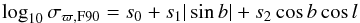 \begin{equation} \log_{10}\sigma_{\rm\varpi,F90} = s_0 + s_1 |\sin b| + s_2 \cos b \cos l \, \label{eq:linearfit} \end{equation}