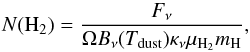 \begin{equation} \label{eq:source_colden} N({\rm H_2}) = \frac{F_{\nu}}{\Omega B_{\nu}(\Tdust) \kappa_{\nu} \mu_{\rm H_2} m_{\rm H}}, \end{equation}