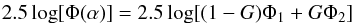 \begin{eqnarray} 2.5 \log [\Phi(\alpha)] = 2.5 \log[(1-G)\Phi_1 + G\Phi_2] \label{eq_IAU_phasefunction} \end{eqnarray}