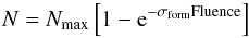 \begin{equation} \centering N = N_{\rm max} \left[1 - {\rm e}^{-\sigma_{\rm form} {\rm Fluence}}\right] \label{formacion} \end{equation}