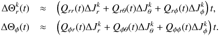 \begin{eqnarray*} \Delta \Theta_r^k(t) &\approx& \left( Q_{rr}(t) \Delta J_r^k + Q_{r\theta}(t) \Delta J_\theta^k + Q_{r\phi}(t) \Delta J_\phi^k\right) t ,\\ \Delta \Theta_\phi(t) &\approx& \left( Q_{\phi r}(t) \Delta J_r^k + Q_{\phi\theta}(t) \Delta J_\theta^k + Q_{\phi\phi}(t) \Delta J_\phi^k \right) t . \end{eqnarray*}