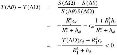 \begin{eqnarray} T(\Delta\theta) - T(\Delta\Omega) &=& \frac{S(\Delta\Omega)-S(\Delta\theta)}{S(\Delta\theta) S(\Delta\Omega)} \nonumber\\ &=& -\frac{R_\textrm{J}^k \epsilon_r}{R_\textrm{J}^k + h_\phi} - \epsilon_\phi \frac{1 + R_\textrm{J}^k h_r }{R_\textrm{J}^k + h_\phi} \nonumber\\ &=& -\frac{T(\Delta\Omega) \epsilon_\phi + R_\textrm{J}^k \epsilon_r}{R_\textrm{J}^k + h_\phi} < 0. \end{eqnarray}