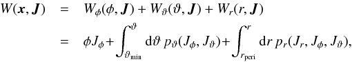 \appendix \setcounter{section}{1} \begin{eqnarray} W({\vec x},{\vec J}) &=& W_\phi(\phi, {\vec J}) + W_\vartheta(\vartheta, {\vec J}) + W_r(r, {\vec J}) \nonumber\\ &= &\phi J_\phi \!+\! \int_{\vartheta_\text{min}}^\vartheta {\rm d}\vartheta\, p_\vartheta(J_\phi, J_\vartheta) \!+\! \int_{r_\textrm{peri}}^r {\rm d}r\, p_r(J_r, J_\phi, J_\vartheta) , \end{eqnarray}