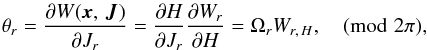 \appendix \setcounter{section}{1} \begin{eqnarray} \theta_r = \frac{\partial W({\vec x},\,{\vec J})}{\partial J_r} = \frac{\partial H}{\partial J_r} \frac{\partial W_r}{\partial H} = \Omega_r W_{r,\,H}, \pmod{2\pi}, \end{eqnarray}
