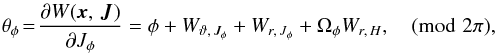 \appendix \setcounter{section}{1} \begin{eqnarray} \theta_\phi \!=\! \frac{\partial W({\vec x},\,{\vec J})}{\partial J_\phi} = \phi + W_{\vartheta,\,J_\phi} + W_{r,\,J_\phi} + \Omega_\phi W_{r,\,H}, \pmod{2\pi} ,\nonumber\\ \end{eqnarray}