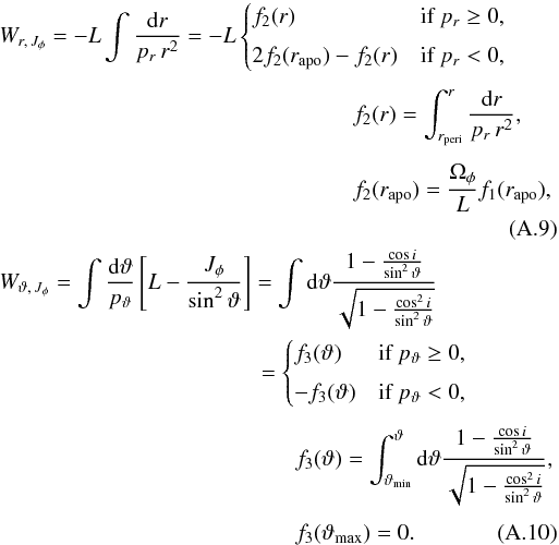 \appendix \setcounter{section}{1} \begin{eqnarray} &&W_{r,\,J_\phi} = - L \int \frac{{\rm d}r} {p_r \, r^2} = - L \begin{cases} f_2(r) & \text{if } p_r \geq 0 , \\[4pt] 2 f_2(r_\text{apo}) - f_2(r) & \text{if } p_r < 0 , \end{cases}\nonumber\\[4pt] &&\hspace*{5.5cm}\nonumber f_2(r) = \int_{r_\textrm{peri}}^r \frac{{\rm d}r} {p_r \, r^2} , \nonumber\\[4pt] &&\hspace*{5.5cm}f_2({r_\textrm{apo}}) = \frac{\Omega_\phi}{L} f_1(r_\text{apo}) , \nonumber\\ \\ &&\nonumber W_{\vartheta,\,J_\phi} = \int \frac{{\rm d}\vartheta}{p_\vartheta} \left[ L - \frac{J_\phi}{\sin^2\vartheta} \right] = \int {\rm d}\vartheta \frac{ 1 - \frac{\cos i}{\sin^2\vartheta}}{\sqrt{1 - \frac{\cos^2 i }{\sin^2 \vartheta}}} \nonumber\\ &&\hspace*{4.07cm} = \begin{cases} f_3(\vartheta) & \text{if } p_\vartheta \geq 0 , \nonumber\\[4pt] -f_3(\vartheta) & \text{if } p_\vartheta < 0 , \end{cases} \\[4pt] &&\hspace*{4.6cm} \nonumber f_3(\vartheta) = \int_{\vartheta_\text{min}}^\vartheta {\rm d}\vartheta \frac{ 1 - \frac{\cos i}{\sin^2\vartheta}}{\sqrt{1 - \frac{\cos^2 i }{\sin^2 \vartheta}}} , \\[4pt] &&\hspace*{4.6cm}f_3(\vartheta_\text{max}) = 0. \end{eqnarray}
