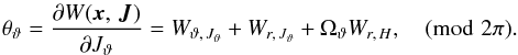\appendix \setcounter{section}{1} \begin{eqnarray} \theta_\vartheta = \frac{\partial W({\vec x},\,{\vec J})}{\partial J_\vartheta} = W_{\vartheta,\,J_\vartheta} + W_{r,\,J_\vartheta} + \Omega_\vartheta W_{r,\,H}, \pmod{2\pi} . \end{eqnarray}