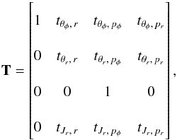 \appendix \setcounter{section}{2} \begin{eqnarray} {\bf T} = \left[ \renewcommand\arraystretch{2.2}\begin{matrix} 1 & t_{\theta_\phi,\,r} & t_{\theta_\phi,\,p_\phi} & t_{\theta_\phi,\,p_r} \\ 0 & t_{\theta_r,\,r} & t_{\theta_r,\,p_\phi} & t_{\theta_r,\,p_r} \\ 0 & 0 & 1 & 0 \end{matrix} \right] , \end{eqnarray}