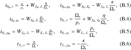 \appendix \setcounter{section}{2} \begin{eqnarray} & t_{\theta_\phi,\,r} = \frac{\kappa}{p_r} + W_{J_\phi,\,J_r} \frac{\eta}{\Omega_r} , & t_{\theta_\phi,\,p_\phi} = W_{J_\phi,\,J_\phi} - W_{J_\phi,\,J_r}\frac{\kappa}{\Omega_r} , \\ & t_{\theta_\phi,\,p_r} = W_{J_\phi,\,J_r} \frac{p_r}{\Omega_r} , & t_{\theta_r,\,r} = \frac{\Omega_r}{p_r} + W_{J_\phi,\,J_\phi} \frac{\eta}{\Omega_r} , \\ & t_{\theta_r,\,p_\phi} = W_{J_\phi,\,J_r} - W_{J_r,\,J_r} \frac{\kappa}{\Omega_r} , & t_{\theta_r,\,p_r} = W_{J_r,\,J_r} \frac{p_r}{\Omega_r} , \\ & t_{J_r,\,r} = \frac{\eta}{\Omega_r} , & t_{J_r,\,p_\phi} = -\frac{\kappa}{\Omega_r} , \end{eqnarray}