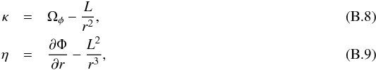 \appendix \setcounter{section}{2} \begin{eqnarray} \kappa &=& \Omega_\phi - \frac{L}{r^2} , \\ \eta &=& \frac{\partial\Phi}{\partial r} - \frac{L^2}{r^3} , \end{eqnarray}
