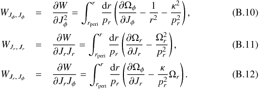 \appendix \setcounter{section}{2} \begin{eqnarray} W_{J_\phi,\,J_\phi} &=& \frac{\partial W}{\partial {J_\phi^2}} = \int_{r_\textrm{peri}}^r \frac{{\rm d}r}{p_r} \left( \frac{\partial \Omega_\phi}{\partial {J_\phi}} - \frac{1}{r^2} - \frac{\kappa^2}{p_r^2} \right), \\ W_{J_r,\,J_r} &= &\frac{\partial W}{\partial {J_r}{J_r}} = \int_{r_\textrm{peri}}^r \frac{{\rm d}r}{p_r} \left( \frac{\partial \Omega_r}{\partial {J_r}} - \frac{\Omega_r^2}{p_r^2} \right), \\ W_{J_r,\,J_\phi} &=& \frac{\partial W}{\partial {J_r}{J_\phi}} = \int_{r_\textrm{peri}}^r \frac{{\rm d}r}{p_r} \left( \frac{\partial \Omega_\phi}{\partial {J_r}} - \frac{\kappa}{p_r^2}\Omega_r \right). \end{eqnarray}