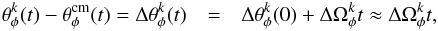 \begin{eqnarray} \theta_\phi^k(t) - \theta_\phi^\textrm{cm}(t) = \Delta \theta_\phi^k(t) &=& \Delta \theta_\phi^k(0) + \Delta\Omega_\phi^k t \approx \Delta\Omega_\phi^k t , \label{eq:anglespreads} \end{eqnarray}