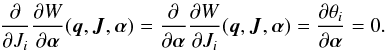 \begin{eqnarray} \frac{\partial}{\partial J_i} \frac{\partial W}{\partial \boldsymbol\alpha}({\vec q},{\vec J}, \boldsymbol\alpha) = \frac{\partial}{\partial \boldsymbol\alpha} \frac{\partial W}{\partial J_i}({\vec q},{\vec J}, \boldsymbol\alpha) = \frac{\partial \theta_i}{\partial \boldsymbol\alpha} = 0. \end{eqnarray}